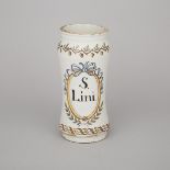 Spanish Faience Albarello, 'S. Lini', 18th century, height 10.5 in — 26.7 cm