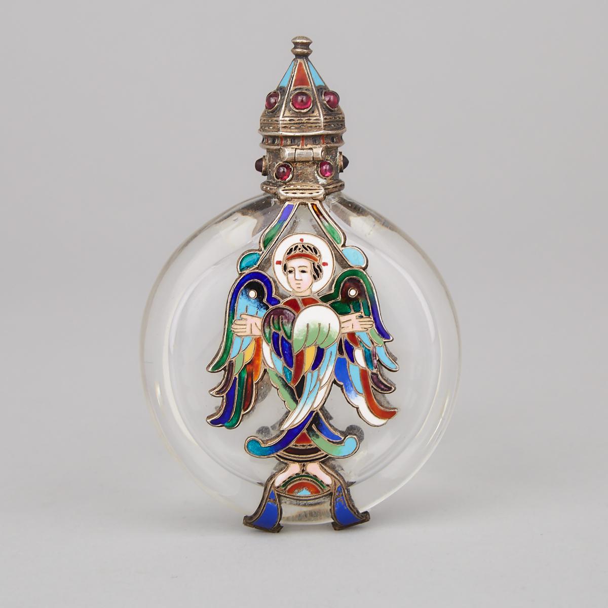 Continental Jeweled and Champlevé Enameled Silver Mounted Glass Scent Bottle, c.1900, height 3.7 in - Image 2 of 2