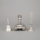 German Silver Table Bell, Comport Base and a Canadian Silver Mounted Cut Glass Vase, early 20th cent