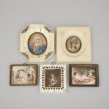 Group of Five Miniatures on Ivory, 19th/early 20th century, largest 5.25 x 4.75 in — 13.3 x 12.1 cm