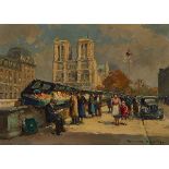Edouard Léon Cortès (1882–1969), NOTRE DAME DE PARIS, ET LES BOUQUINISTES, Oil on canvas; signed low