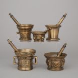 Group of Five Bronzed Metal Mortars and Pestles, mid 20th century, tallest mortar height 4.5 in — 11