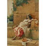 Francesco Ballesio (1880-1923), ORIENTALIST BEAUTY SEATED IN A COURTYARD, Watercolour; signed at Rom
