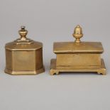 Two Dutch Brass Tobacco Boxes, mid 18th century, larger 4 x 4.75 x 2.75 in — 10.2 x 12.1 x 7 cm (2 P