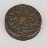 French Chinoiserie Pressed Tortoiseshell Suff Box, 19th century, diameter 3.6 in — 9.2 cm