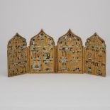 Russian Orthodox Gilt and Enamelled Bronze Quadriptych Travelliing Icon, late 18th/early 19th centur