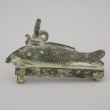 Egyptian Bronze Oxyrhynchus Fish Amulet, Late Dynastic Period, 715-332 B.C., bronze length 5 in — 12