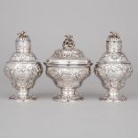 George II Silver Covered Sugar Bowl and Pair of Muffineers, Samuel Herbert & Co., London, 1752, larg