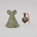 Two Small Luristan Bronze Pendant Bells, Western Iran, 10th-7th century B.C., height 1.5 in — 3.8 cm
