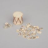 French 'Prisoner of War' Miniature Turned Bone Drum with Dominoes and Dice, 19th/early 20th century,