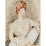 Paul César Helleu (1859–1927), ELEGANT LADY WITH UPSWEPT RED HAIR SEATED IN A CHAIR, Pencil, sanguin