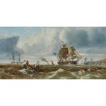 John Callow (1822–1878), MAN O' WAR IN A BUSY CHANNEL; MEN BOARDING A FISHING BOAT IN A CHANNEL WITH