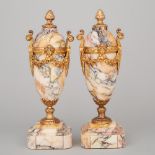 Pair of Napoleon III Ormolu Mounted Variegated Marble Mantel Urns, c.1900, height 14.5 in — 36.8 cm
