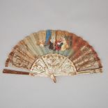 French Pierce Carved and Parcel Gilt Abalone and Painted Silk Fan, mid 18th century, length 8.4 in —