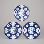Three Bow Powder Blue Ground Dishes, c.1765, diameter 8.4 in — 21.4 cm (3 Pieces)