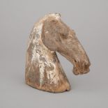 Chinese Han Dynasty Painted Terra Cotta Tomb FIgure Model of a Horse Head, 206 BC–220 AD, height 6.1