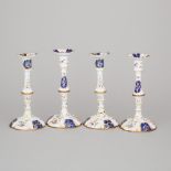 Set of Four Georgian Stafforshire Enamel Candlesticks, c.1770, height 10 in — 25.4 cm (4 Pieces)