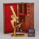 Edwardian Lacquered Brass Petrographic Microscope, early 20th century, case height 14.5 in — 36.8 cm