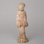 Chinese Painted Pottery Attendant Tomb Figure, Tang Dynasty, 618-907, height 9.6 in — 24.5 cm