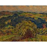 Jan Honsa (1876-1937), SUMMER HILLSIDE WITH OLD TREE IN BLOSSOM, Oil on thin cardboard laid down on