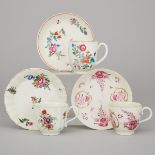 Three Worcester Floral Decorated Cups and Saucers, 18th century (6 Pieces)