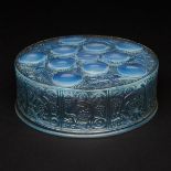 'Roger' or 'Faisons et Cabochons', Lalique Moulded and Enameled Opalescent Glass Circular Box, c.193