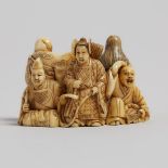 An Ivory Carved Netsuke Group of Six Poets, 19th Century, 十九世紀 牙雕六詩人群像根付, length 2 in — 5 cm