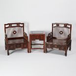 A Set of Two Huali Low Spindle-Back Armchairs and Low Table, 花梨梳背椅矮方桌一套三件, largest 33.1 x 25.5 x 21.