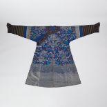 A Blue Ground Silk Embroidered Dragon Robe, Early 20th Century, 二十世紀早期 藍地緞繡九龍紋龍袍, 54 x 88 in — 137.2