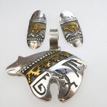 Tommy Singer Navajo Silver With Gold Overlay Pendant And Earrings, formed in a bear motif