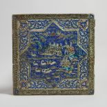 A Large Polychrome Ceramic Tile, Qajar Dynasty, 波斯 卡扎尔王朝(1794-1925) 七色幾何人物故事紋磁磚, 16.5 x 16.5 x 1.7 i