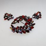 Sherman Japanned-Back Brooch And Matching Earrings, set with red rhinestones