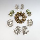 Sherman Metal Brooch and 4 Pairs Of Clipback Earrings, set with clear and aurora borealis rhinestone