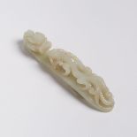 A Celadon White Jade Chilong Belt Hook, 青白玉蒼龍教子帶鉤, length 5.4 in — 13.6 cm