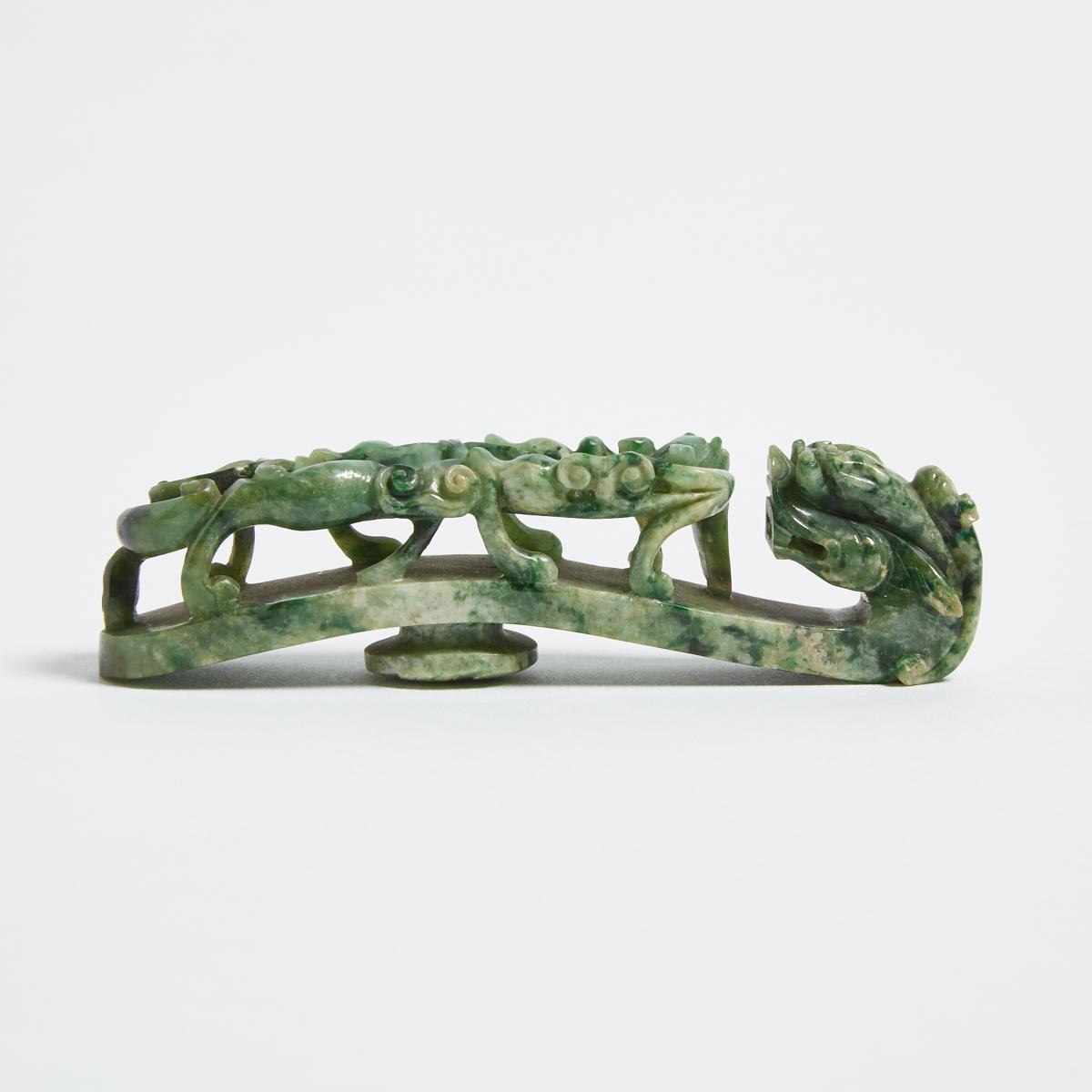 A Jadeite Carved Belt Buckle, 翡翠蒼龍教子帶鉤, length 3.8 in — 9.7 cm - Image 2 of 2