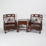 A Set of Two Huali Low Spindle-Back Armchairs and Low Table, 花梨梳背椅矮方桌一套三件, largest 33.1 x 25.5 x 21.