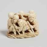 An Ivory Carved 'Blind Men' Group Netsuke, Meiji Period, 明治時期 牙雕盲人群像根付, 1.5 x 2.1 in — 3.8 x 5.3 cm