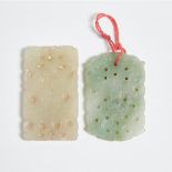 Two Jade and Jadeite Carved 'Abstinence' Plaques, 白玉齋戒牌 翡翠齋戒牌一組兩件, largest length 2.2 in — 5.7 cm (2
