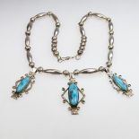 Michael Calvin Navajo Sterling Silver Necklace, suspending 3 pendants set with oval turquoise caboc