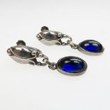 Pair Of Georg Jensen Danish Sterling Silver Screw-Back Drop Earrings, each bezel set with an oval sy