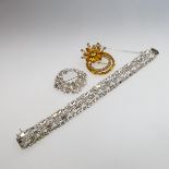 Two Sherman Metal Brooches And Bracelet, set with clear and golden rhinestones; 7.5", 1.5" diameter