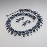 Sherman Silver Tone Metal Necklace And Earrings, each set with two-tone blue rhinestones