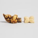 An Ivory Netsuke of Two Dogs Playing on a Bamboo Shoot, 19th Century, 十九世紀 牙雕雙犬 六瓣銀杏果根付一組兩件, largest