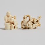 Two Ivory Carved Figural Netsuke, Edo/Meiji Period, 江戶／明治時期 牙雕天女人物根付一組兩件, largest length 1.7 in — 4.