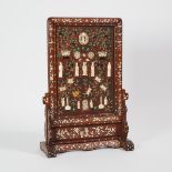 An Ivory and Bone Inlaid Table Screen, 木嵌貝母珊瑚牙骨雕人物花卉博古紋座屏, 29 x 19.2 in — 73.7 x 48.8 cm