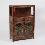 A Small Suanzhi Carved Display Cabinet, 酸枝木漆金山水庭園紋多寶格櫃, 41.3 x 27.6 x 11.8 in — 104.9 x 70.1 x 30 cm