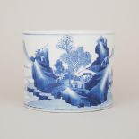 A Blue and White Landscape Brushpot, 青花山水人物紋筆筒, 6 x 7.4 in — 15.2 x 18.8 cm