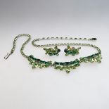 Sherman Silver Tone Metal Necklace And Matching Earrings, set with two tone green rhinestones