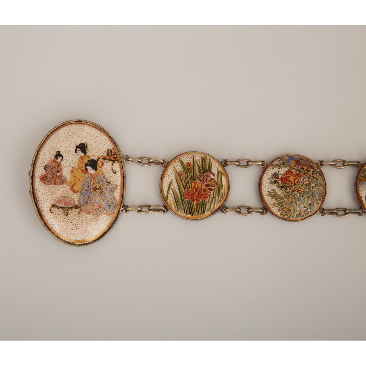 A Satsuma Ceramic Inlaid Belt, Meiji Period, 明治時期 日本薩摩燒人物花卉紋腰帶, length 25.5 in — 64.8 cm - Image 2 of 7