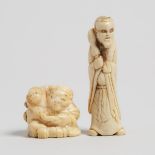 Two Antler and Marine Ivory Carved Netsuke, Edo/Meiji Period, 江戶/明治時期 海象牙雕馴猴師 鹿角雕人物根付一組兩件, largest h